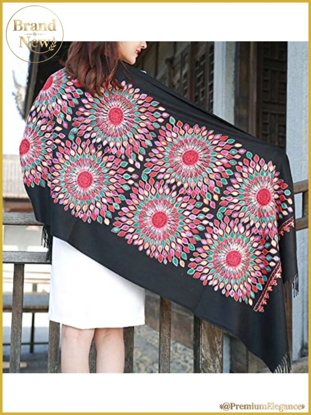 Embroidered Floral Scarf with Tassel Fringe Lightweight Wrap